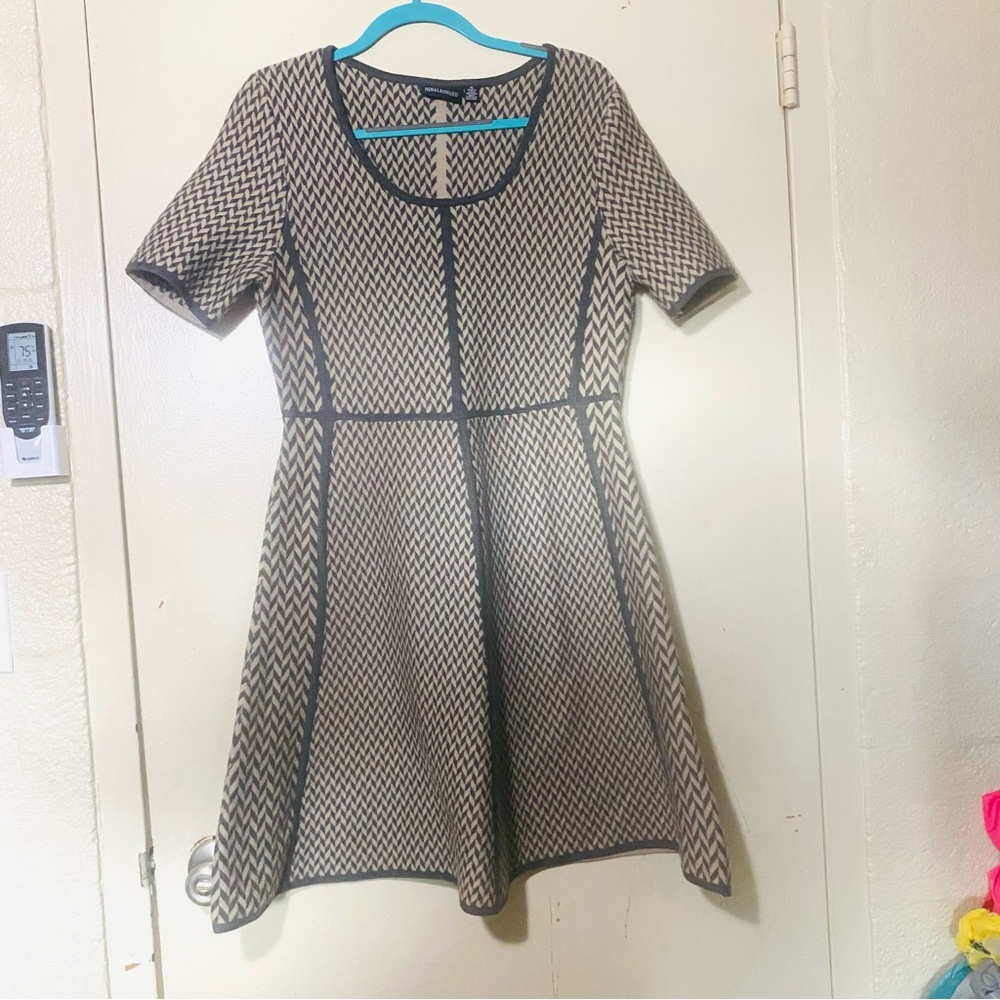 Nina Leonard Grey and Tan Fit-and-Flare Knit Dress SZ XL
